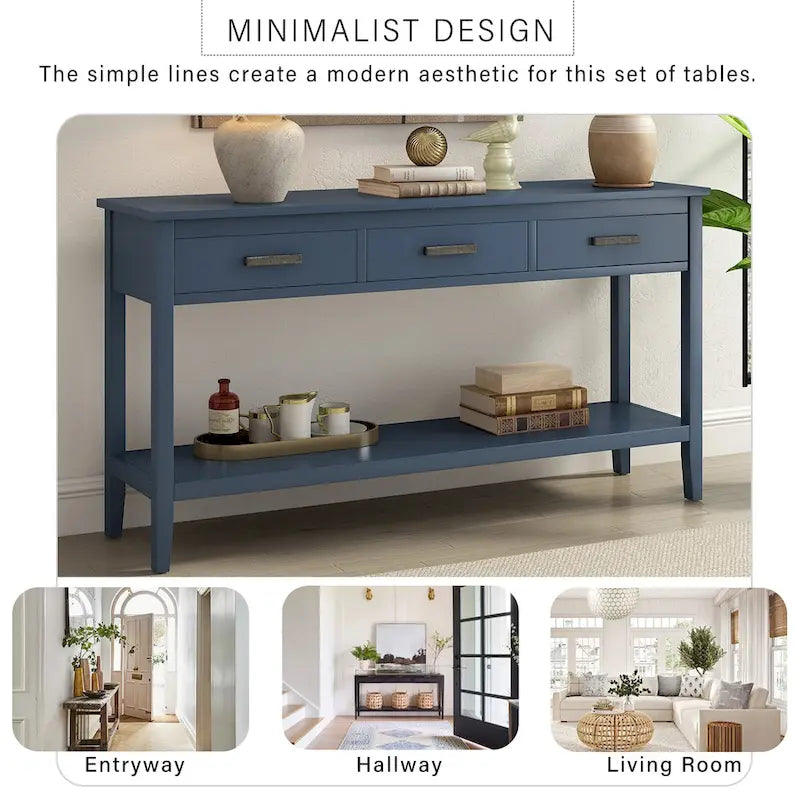 Natural Wood Console Table - 3 Drawers with Shelf