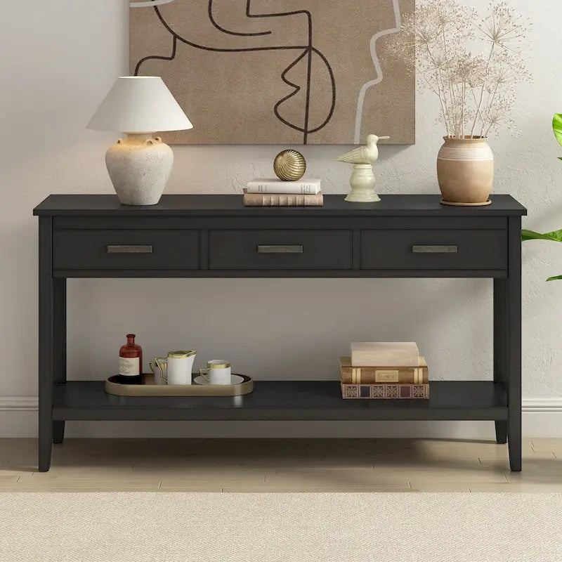 Natural Wood Console Table - 3 Drawers with Shelf