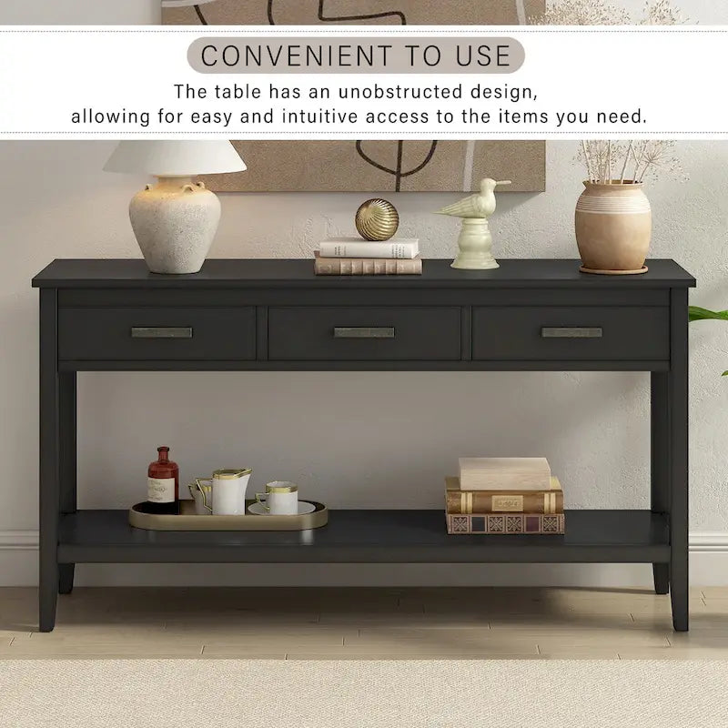 Natural Wood Console Table - 3 Drawers with Shelf