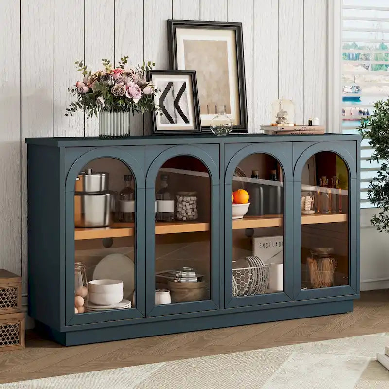 4-Door Buffet Cabinet with Arched Glass Doors