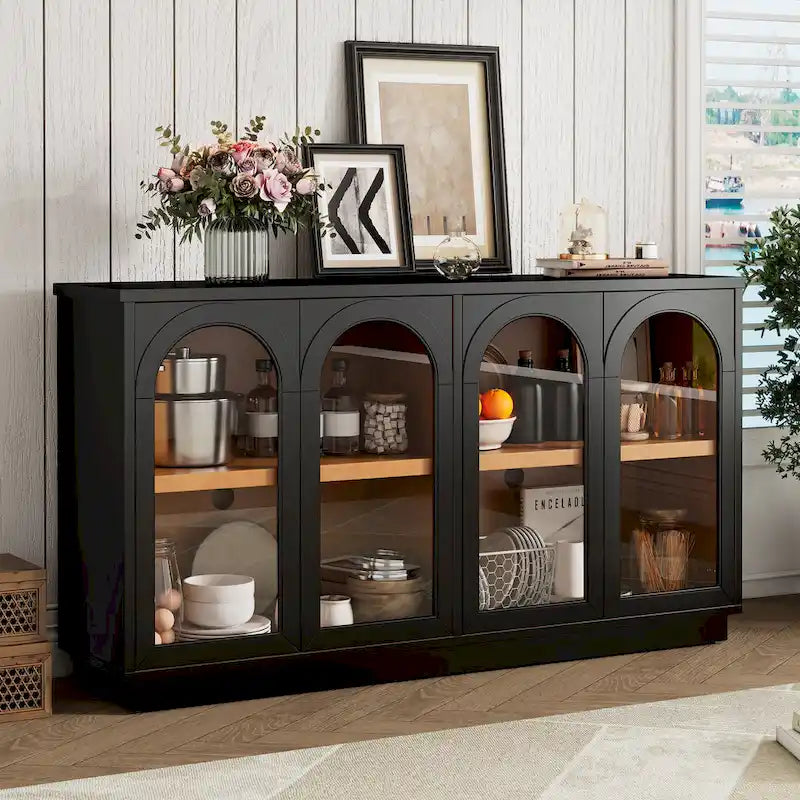 4-Door Buffet Cabinet with Arched Glass Doors