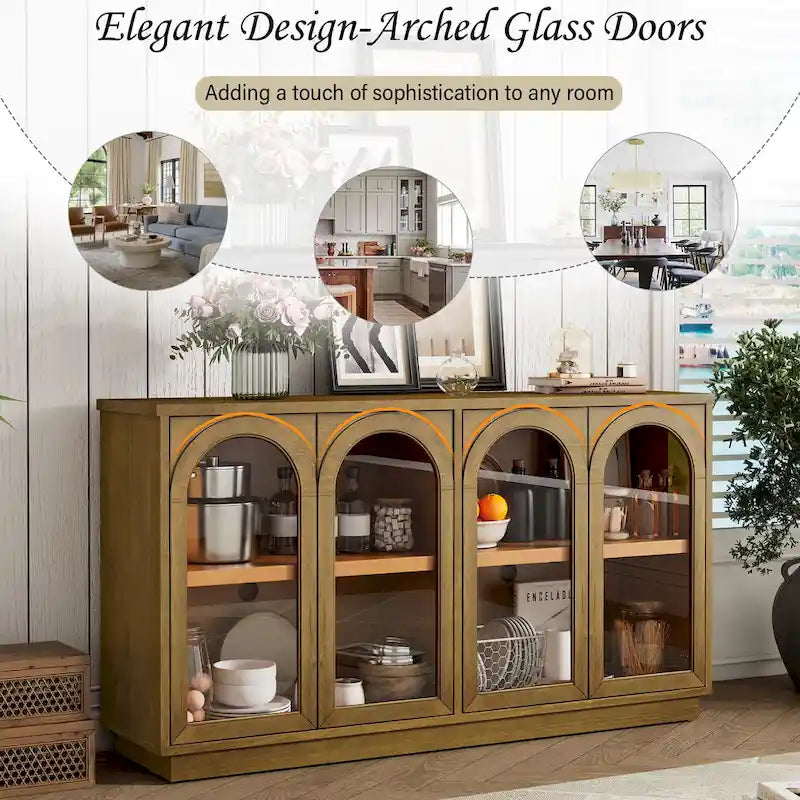 4-Door Buffet Cabinet with Arched Glass Doors