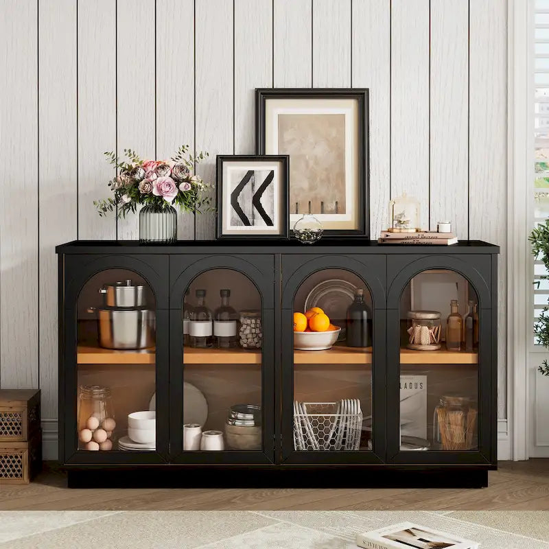 4-Door Buffet Cabinet with Arched Glass Doors