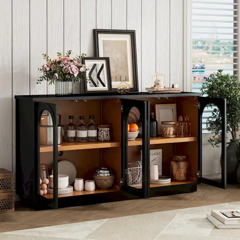 4-Door Buffet Cabinet with Arched Glass Doors