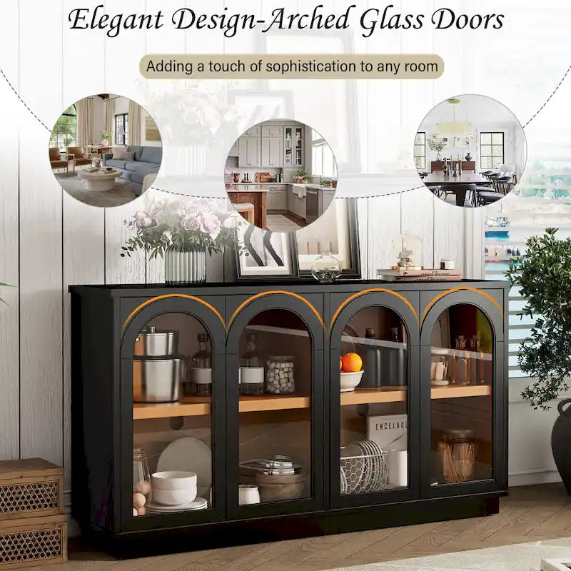 4-Door Buffet Cabinet with Arched Glass Doors