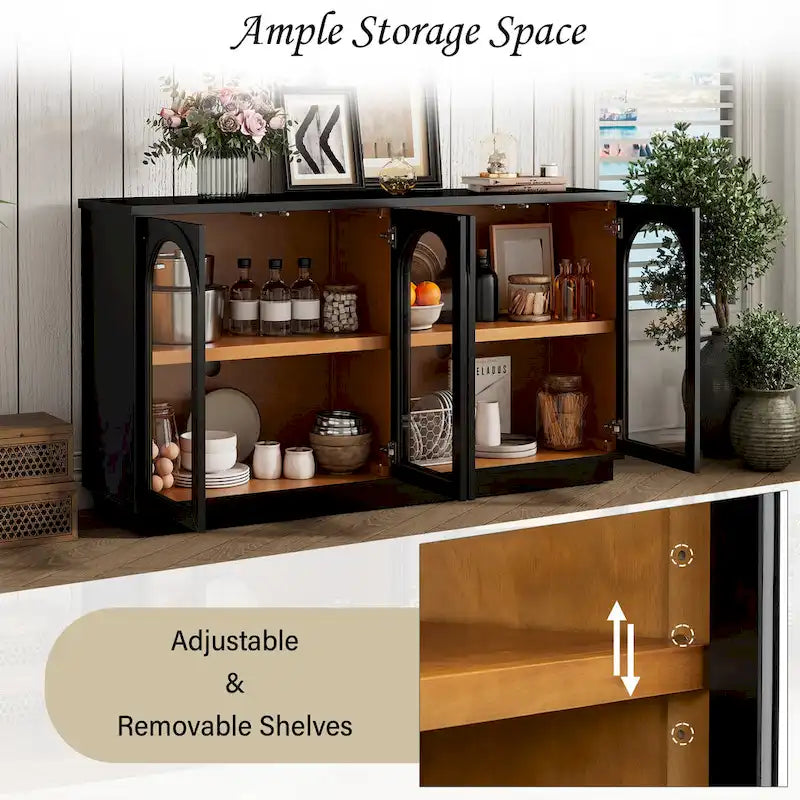 4-Door Buffet Cabinet with Arched Glass Doors