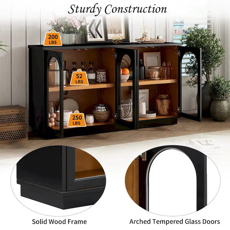 4-Door Buffet Cabinet with Arched Glass Doors