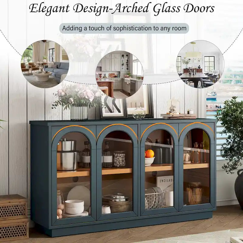 4-Door Buffet Cabinet with Arched Glass Doors