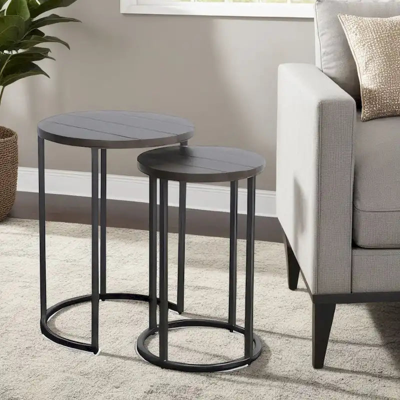 Flint 2 Piece Nesting Table Set, Dark Brown Mahogany, Black Metal Base