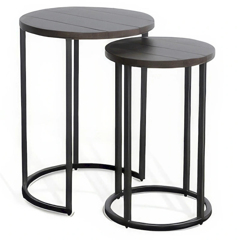 Dark Brown Nesting Table Set - 2-Piece with Black Metal Base