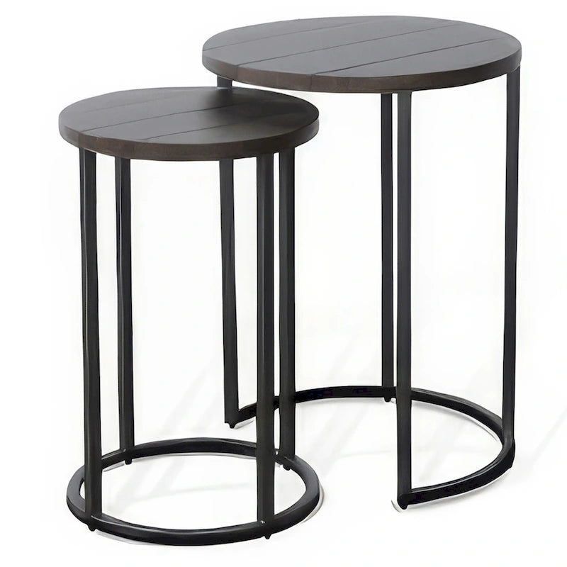 Dark Brown Nesting Table Set - 2-Piece with Black Metal Base
