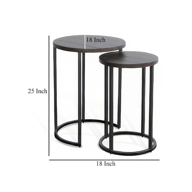 Dark Brown Nesting Table Set - 2-Piece with Black Metal Base