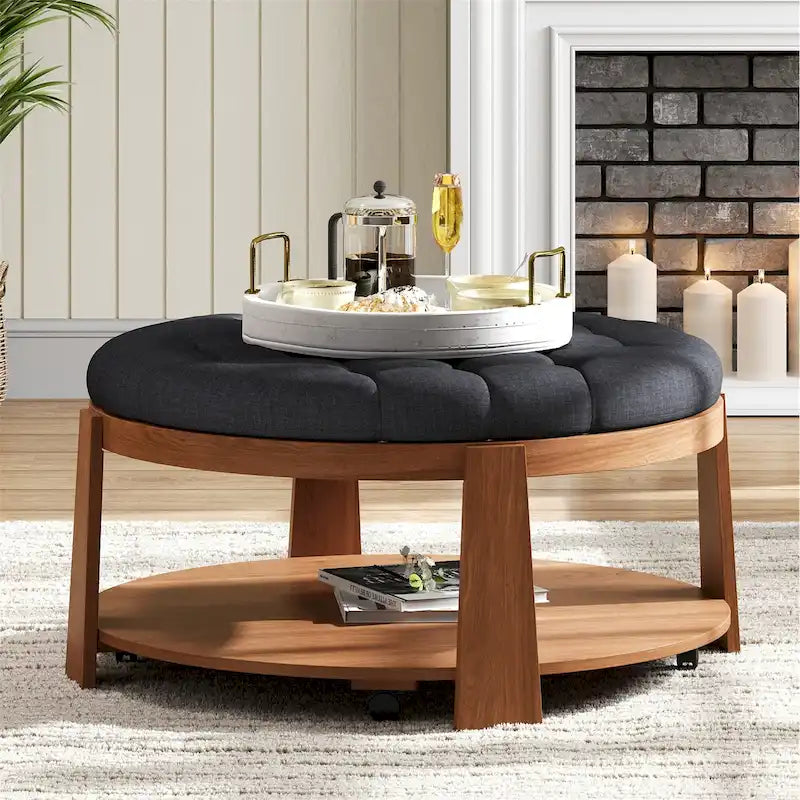 Modern Round Coffee Table 2 Tier Button Tufted Footstool with Wooden Shelf Storage Upholstered and Wheels for Living Room