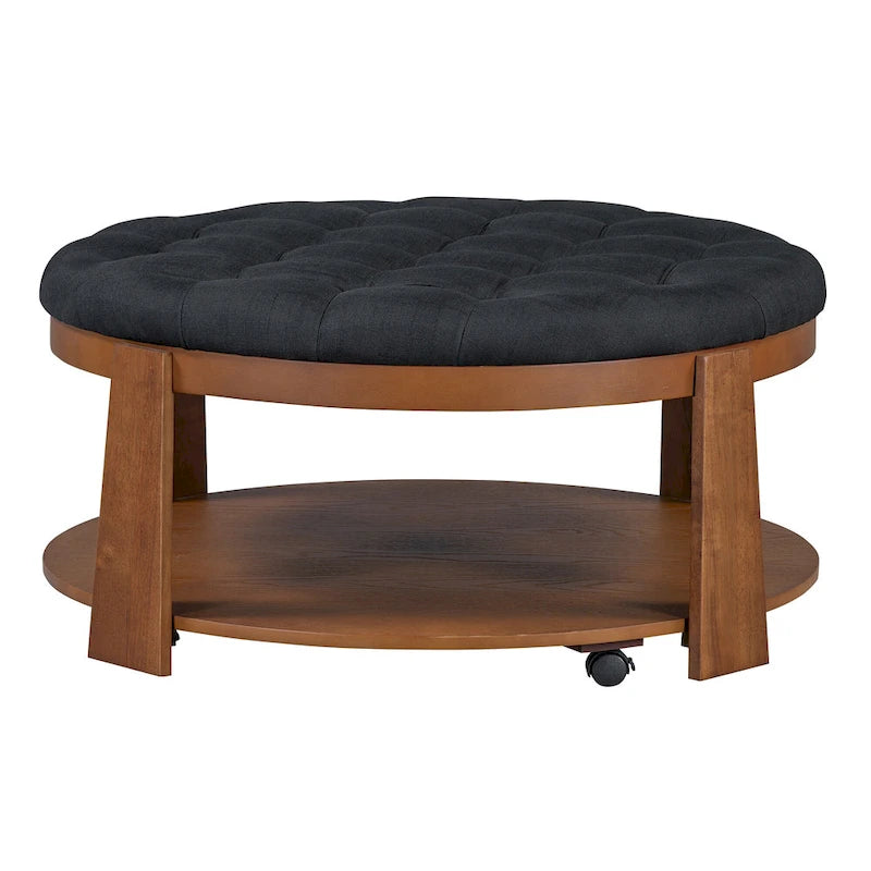 Modern Round Coffee Table 2 Tier Button Tufted Footstool with Wooden Shelf Storage Upholstered and Wheels for Living Room