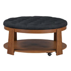 Modern Round Coffee Table 2 Tier Button Tufted Footstool with Wooden Shelf Storage Upholstered and Wheels for Living Room