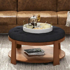 Modern Round Coffee Table 2 Tier Button Tufted Footstool with Wooden Shelf Storage Upholstered and Wheels for Living Room