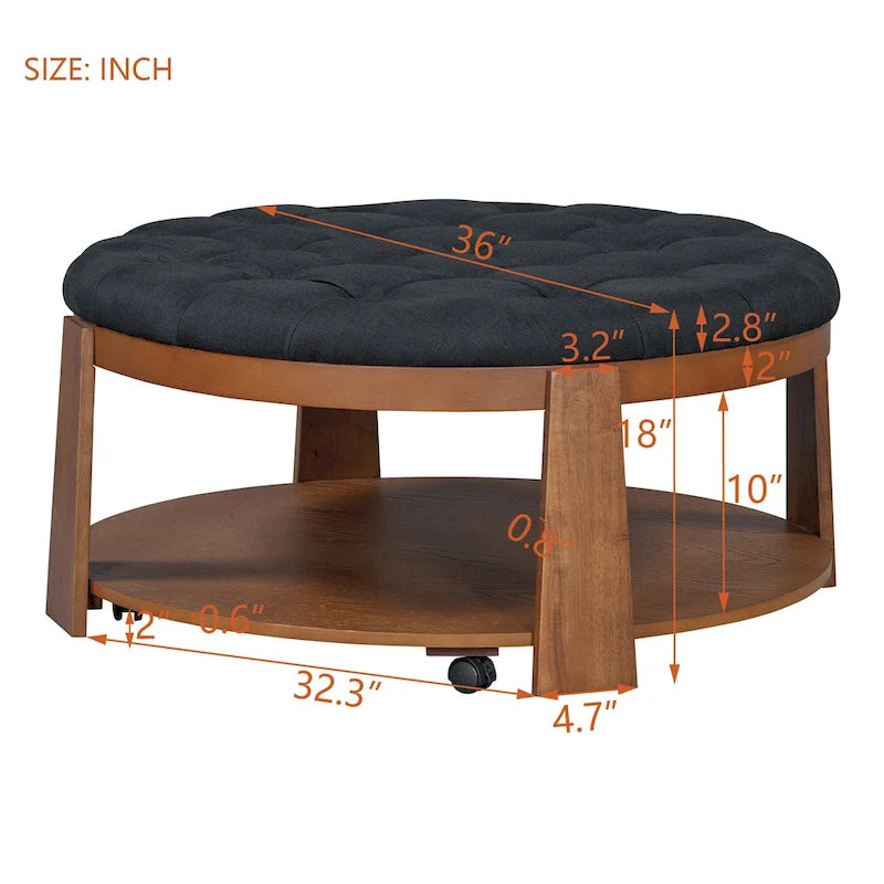 Modern Round Coffee Table 2 Tier Button Tufted Footstool with Wooden Shelf Storage Upholstered and Wheels for Living Room