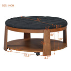 Modern Round Coffee Table 2 Tier Button Tufted Footstool with Wooden Shelf Storage Upholstered and Wheels for Living Room