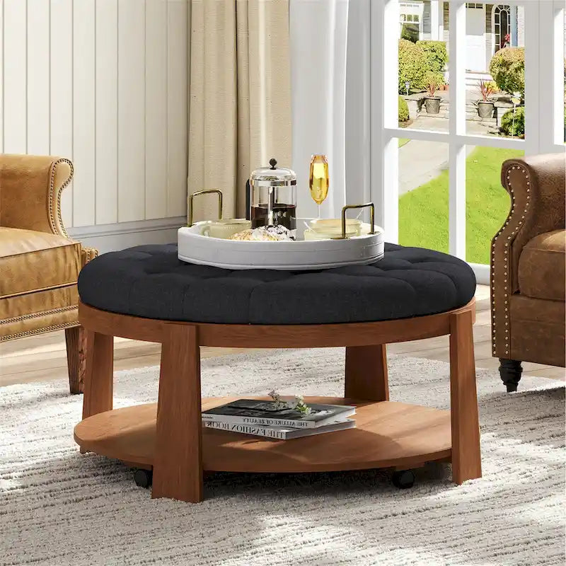 Modern Round Coffee Table 2 Tier Button Tufted Footstool with Wooden Shelf Storage Upholstered and Wheels for Living Room