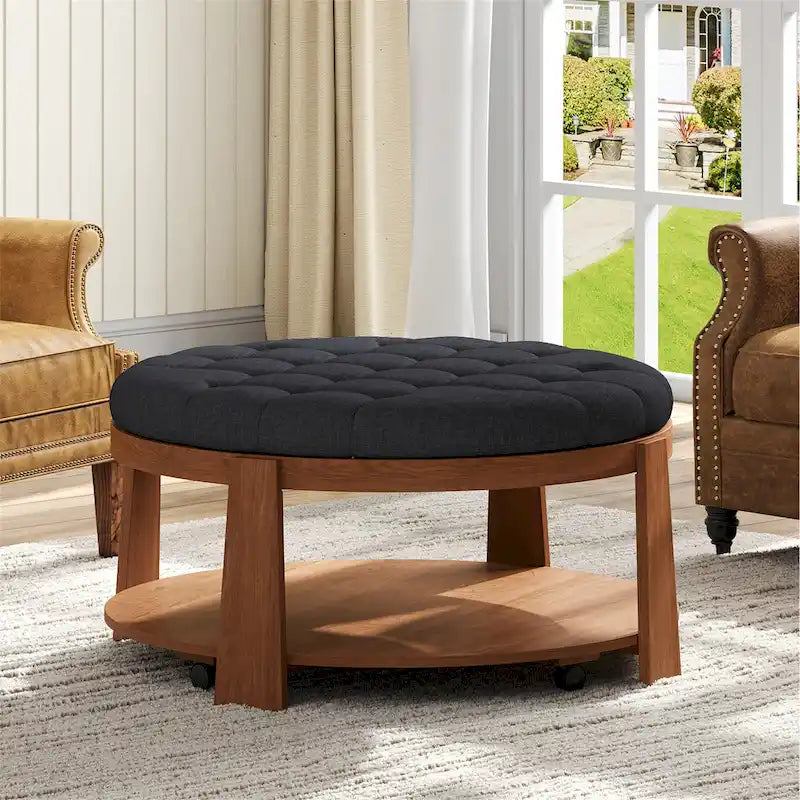 Modern Round Coffee Table 2 Tier Button Tufted Footstool with Wooden Shelf Storage Upholstered and Wheels for Living Room