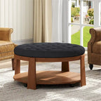 Modern Round Coffee Table 2 Tier Button Tufted Footstool with Wooden Shelf Storage Upholstered and Wheels for Living Room