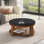 Modern Round Coffee Table 2 Tier Button Tufted Footstool with Wooden Shelf Storage Upholstered and Wheels for Living Room