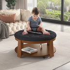 Modern Round Coffee Table 2 Tier Button Tufted Footstool with Wooden Shelf Storage Upholstered and Wheels for Living Room