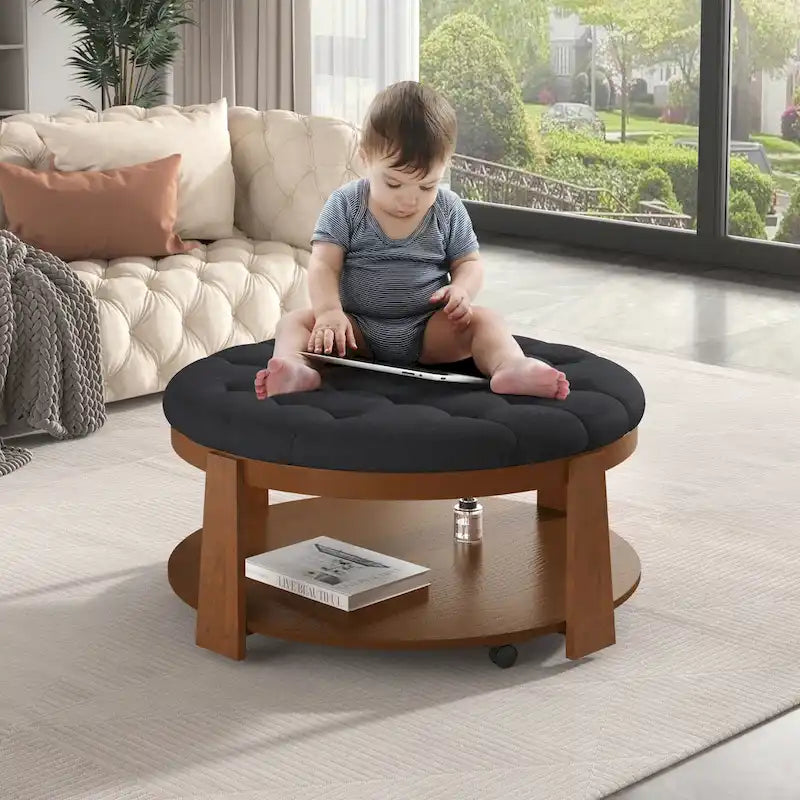 Modern Round Coffee Table 2 Tier Button Tufted Footstool with Wooden Shelf Storage Upholstered and Wheels for Living Room