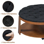 Modern Round Coffee Table 2 Tier Button Tufted Footstool with Wooden Shelf Storage Upholstered and Wheels for Living Room