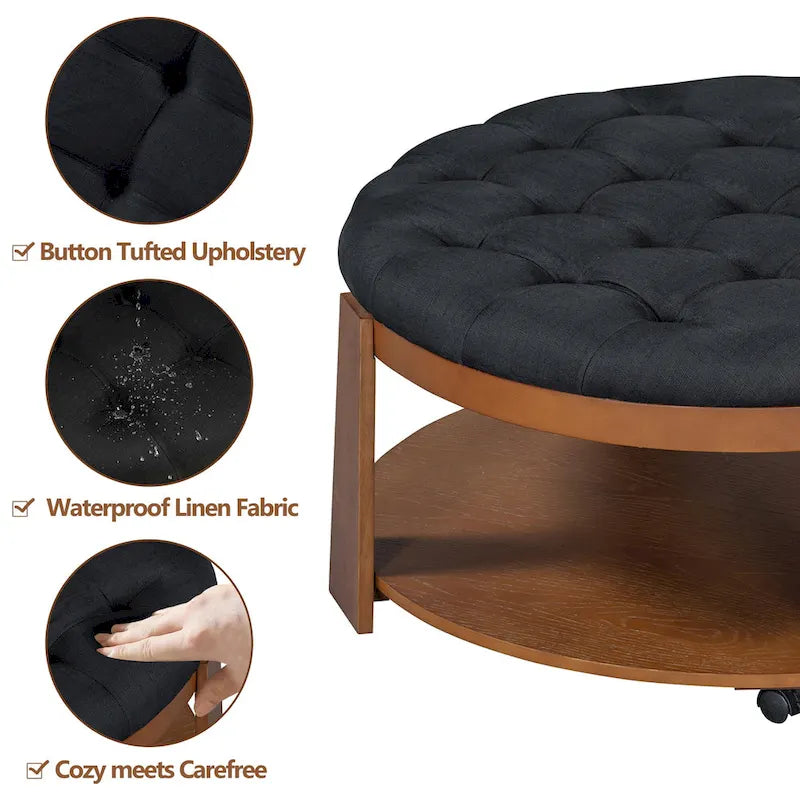 Modern Round Coffee Table 2 Tier Button Tufted Footstool with Wooden Shelf Storage Upholstered and Wheels for Living Room