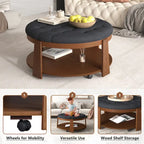 Modern Round Coffee Table 2 Tier Button Tufted Footstool with Wooden Shelf Storage Upholstered and Wheels for Living Room