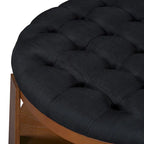 Modern Round Coffee Table 2 Tier Button Tufted Footstool with Wooden Shelf Storage Upholstered and Wheels for Living Room