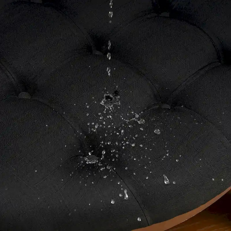 Modern Round Coffee Table 2 Tier Button Tufted Footstool with Wooden Shelf Storage Upholstered and Wheels for Living Room