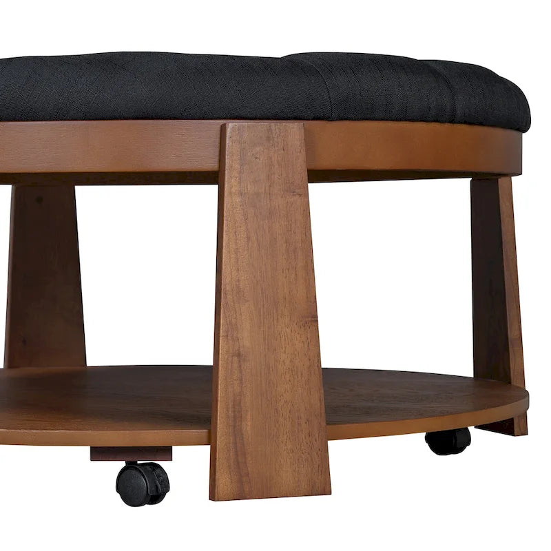 Modern Round Coffee Table 2 Tier Button Tufted Footstool with Wooden Shelf Storage Upholstered and Wheels for Living Room