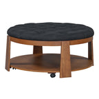 Modern Round Coffee Table 2 Tier Button Tufted Footstool with Wooden Shelf Storage Upholstered and Wheels for Living Room