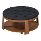 Modern Round Coffee Table 2 Tier Button Tufted Footstool with Wooden Shelf Storage Upholstered and Wheels for Living Room