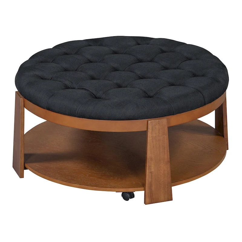Modern Round Coffee Table 2 Tier Button Tufted Footstool with Wooden Shelf Storage Upholstered and Wheels for Living Room