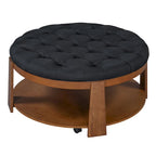 Modern Round Coffee Table 2 Tier Button Tufted Footstool with Wooden Shelf Storage Upholstered and Wheels for Living Room