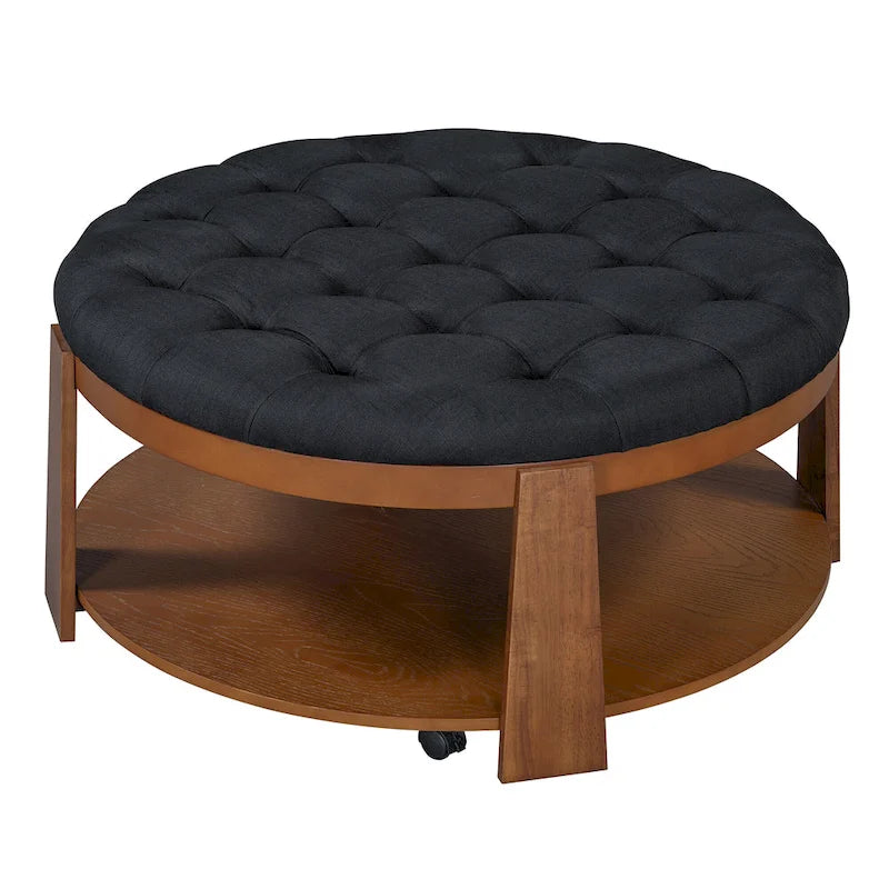 Modern Round Coffee Table 2 Tier Button Tufted Footstool with Wooden Shelf Storage Upholstered and Wheels for Living Room