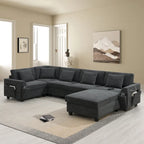 Chenille U-Shaped Sectional Sofa - 6-Seater with Storage & USB