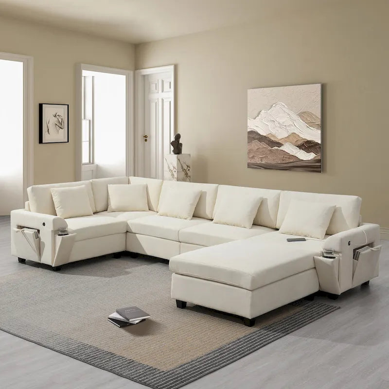 128 Chenille U-Shaped Sectional Sofa with Storage & USB