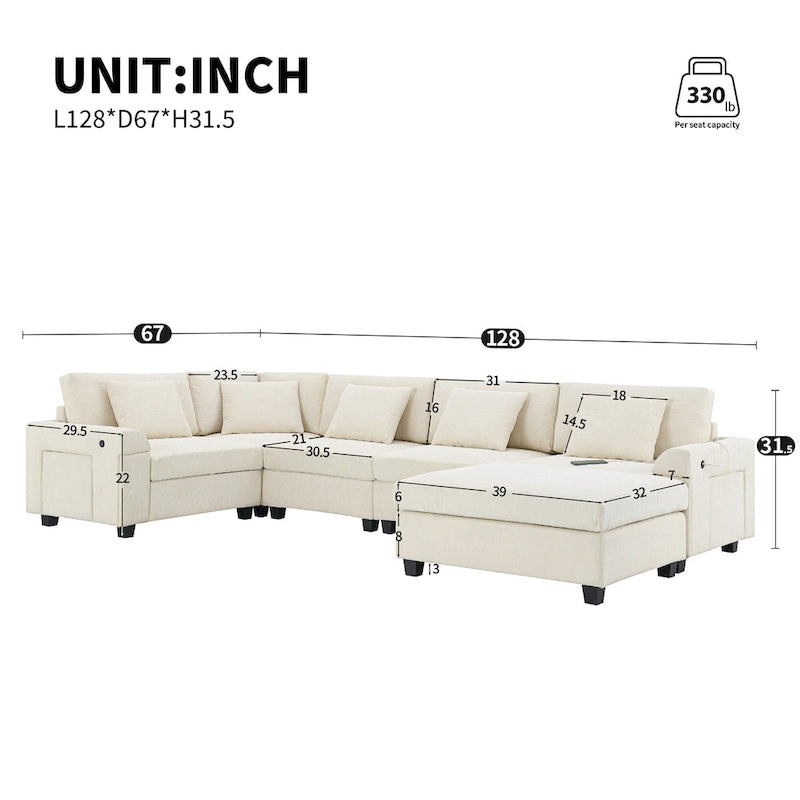 Chenille U-Shaped Sectional Sofa - 6-Seater with Storage & USB