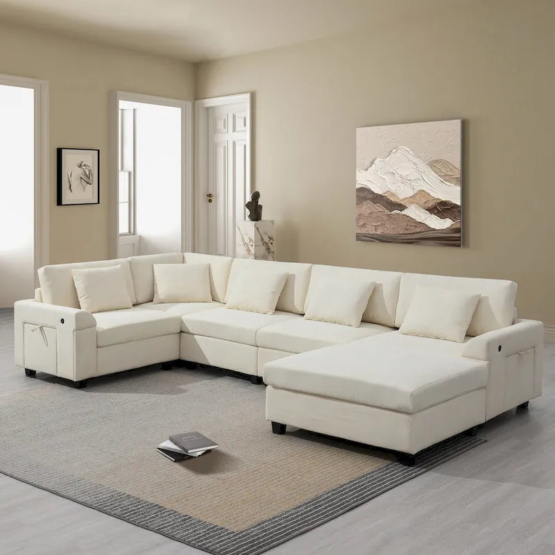 Chenille U-Shaped Sectional Sofa - 6-Seater with Storage & USB
