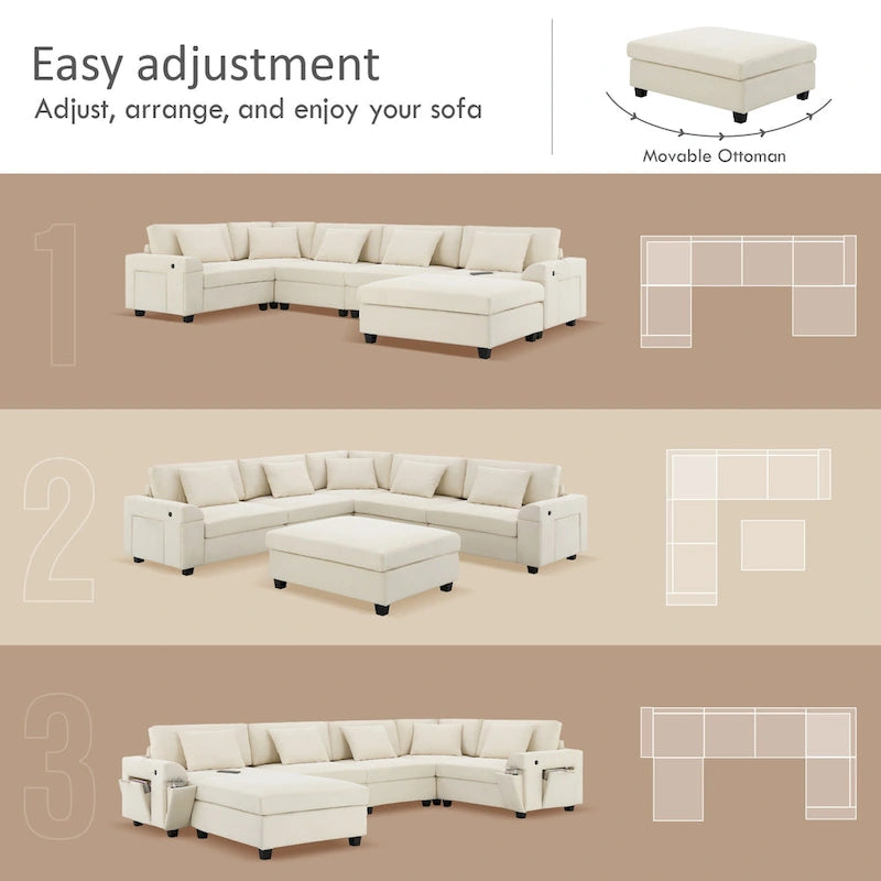 Chenille U-Shaped Sectional Sofa - 6-Seater with Storage & USB