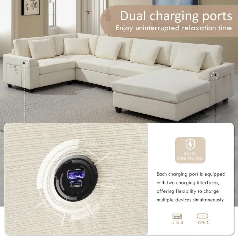 Chenille U-Shaped Sectional Sofa - 6-Seater with Storage & USB