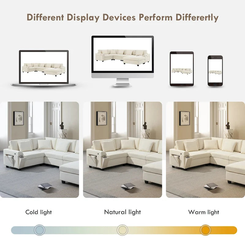 Chenille U-Shaped Sectional Sofa - 6-Seater with Storage & USB