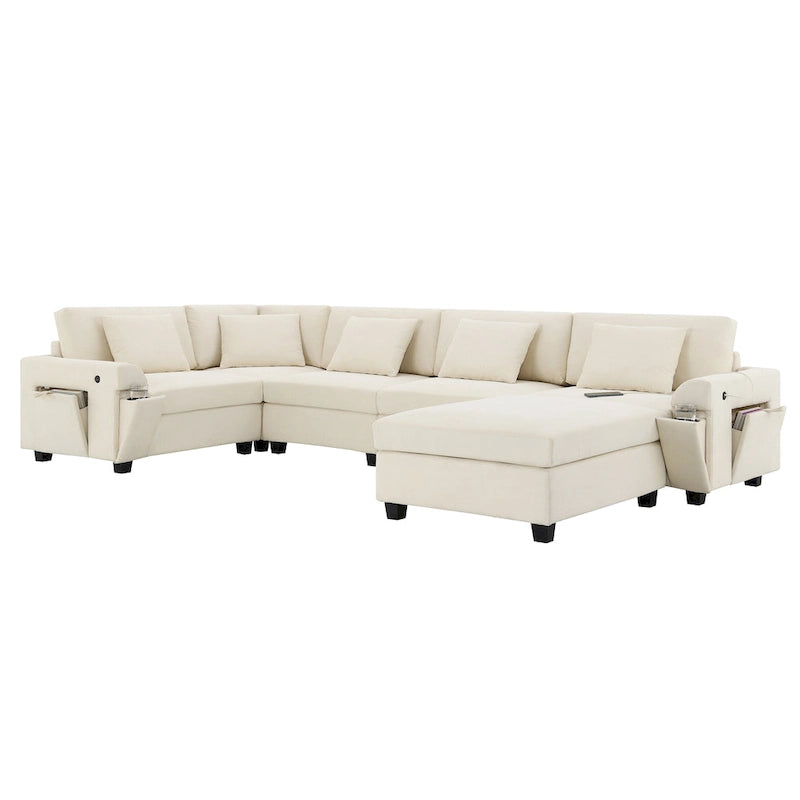 Chenille U-Shaped Sectional Sofa - 6-Seater with Storage & USB