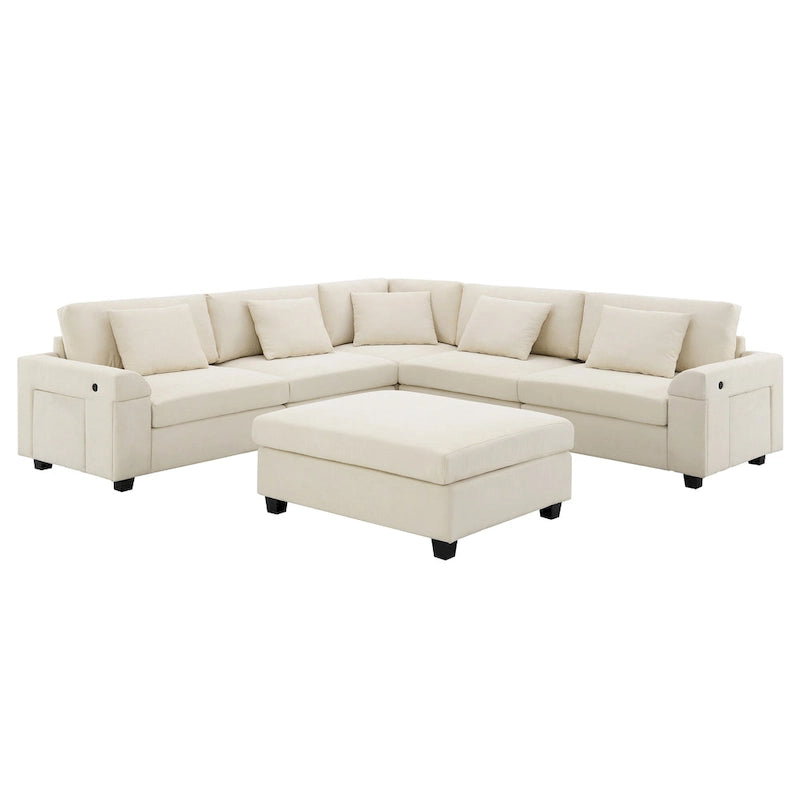 Chenille U-Shaped Sectional Sofa - 6-Seater with Storage & USB