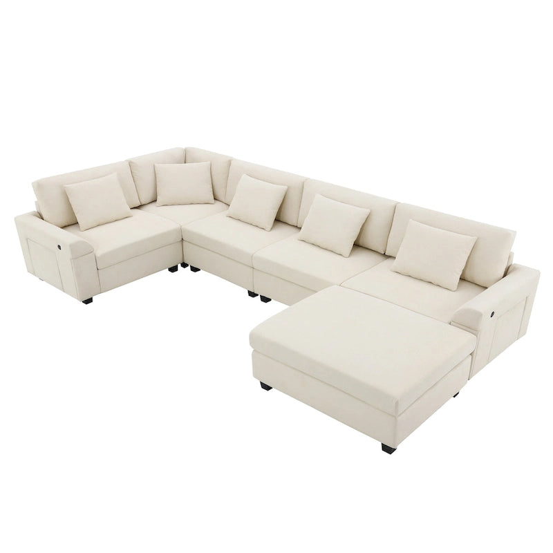 Chenille U-Shaped Sectional Sofa - 6-Seater with Storage & USB
