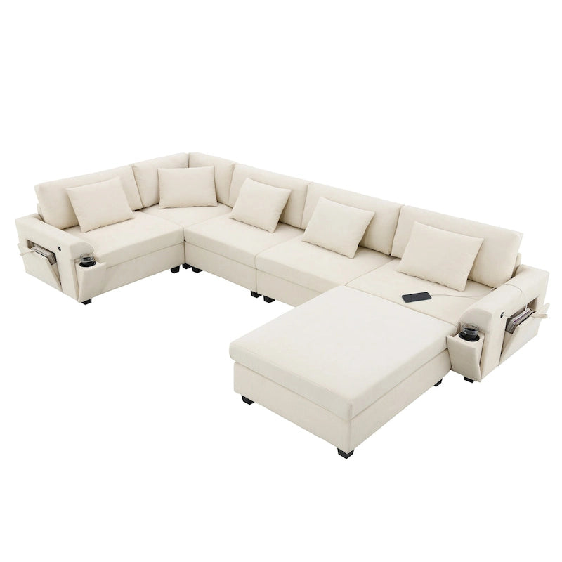 Chenille U-Shaped Sectional Sofa - 6-Seater with Storage & USB